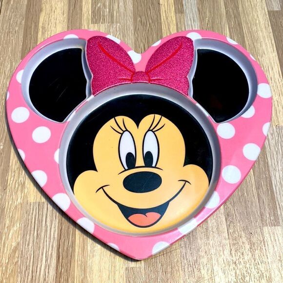 Disney Store Minnie Heart Shaped Plate COMPARTMENTS Glitter Bow CHILDS 9.5" euc - Picture 1 of 5